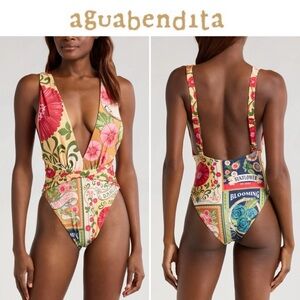 Agua Bendita Ellis Twist Front Plunge Floral One-Piece Swimsuit sz L NWT 224$